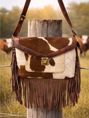 Fringe Cowhide Crossbody Shoulder Bag in Brown & Cream